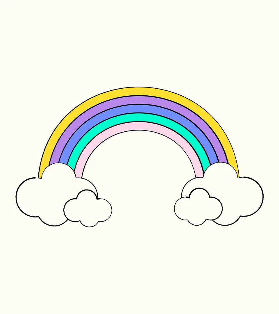 Line illustration of a rainbow coming out of two clouds.