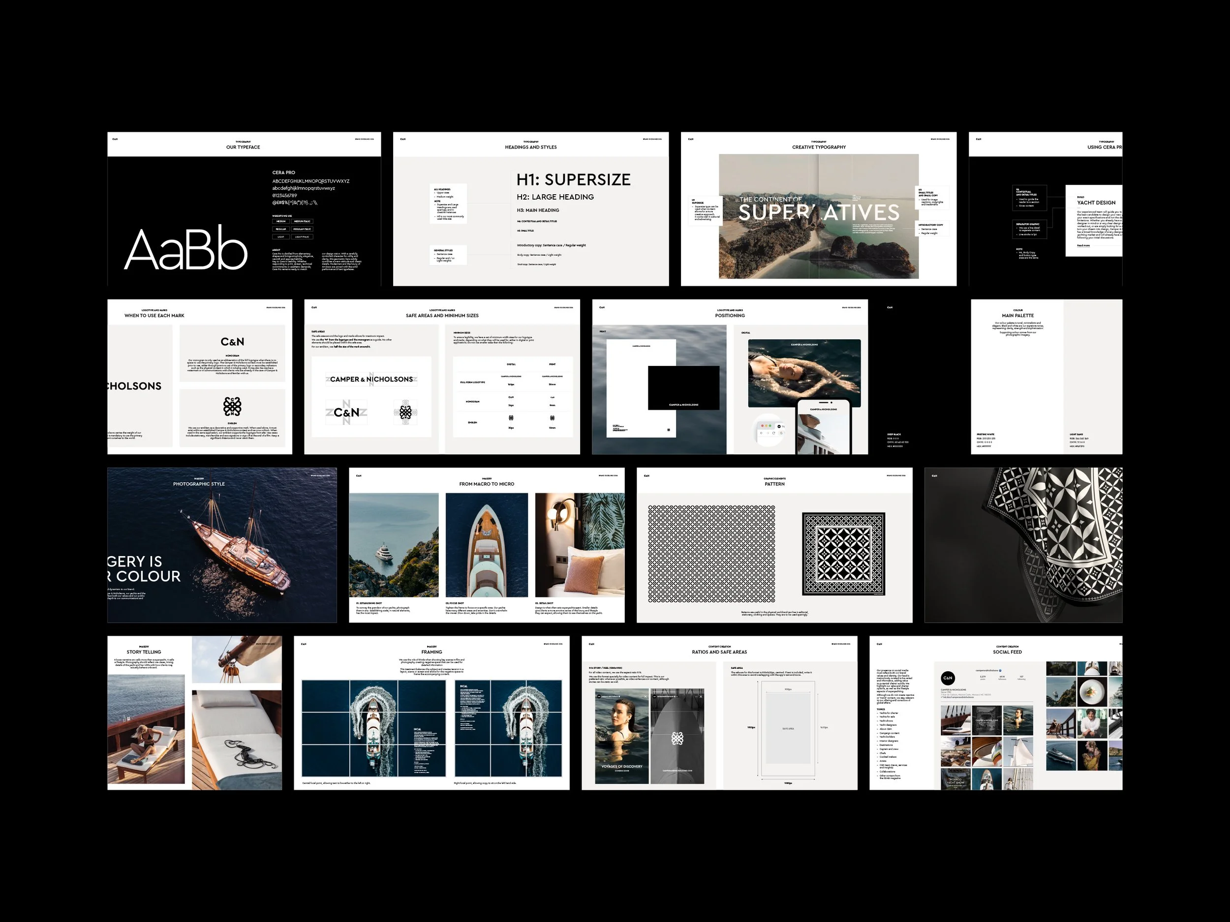 Flat image of the graphic guidelines created for Camper & Nicholsons. Showing colour, typeface, imagery and patterns