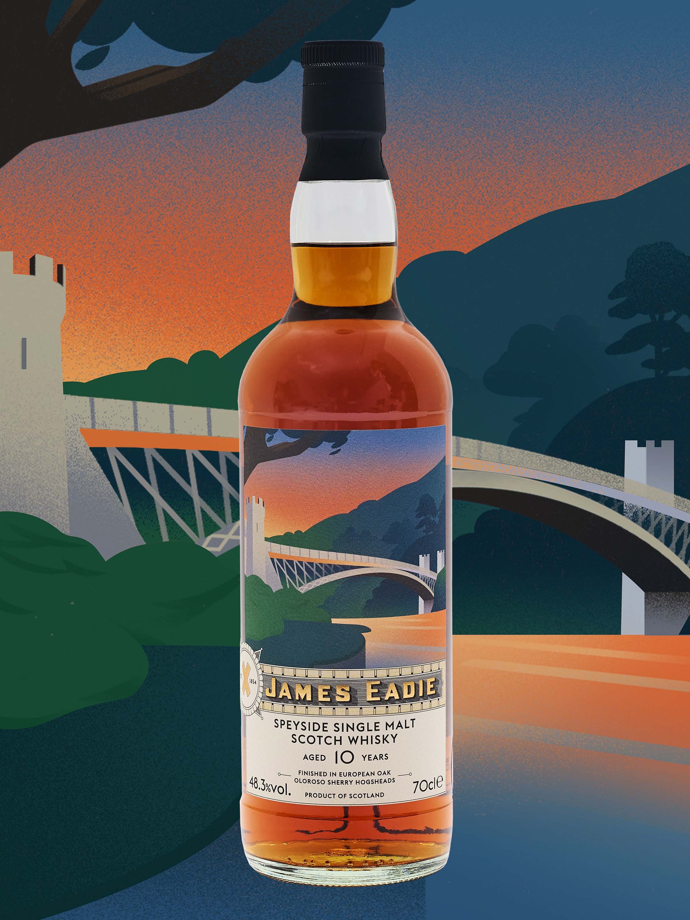 Display of the Speyside bottle, cut out in the centre. The background shows the illustration related to the bottle. it is a bridge, a river and some mountains. Tones are reds, oranges, dark greens and blues