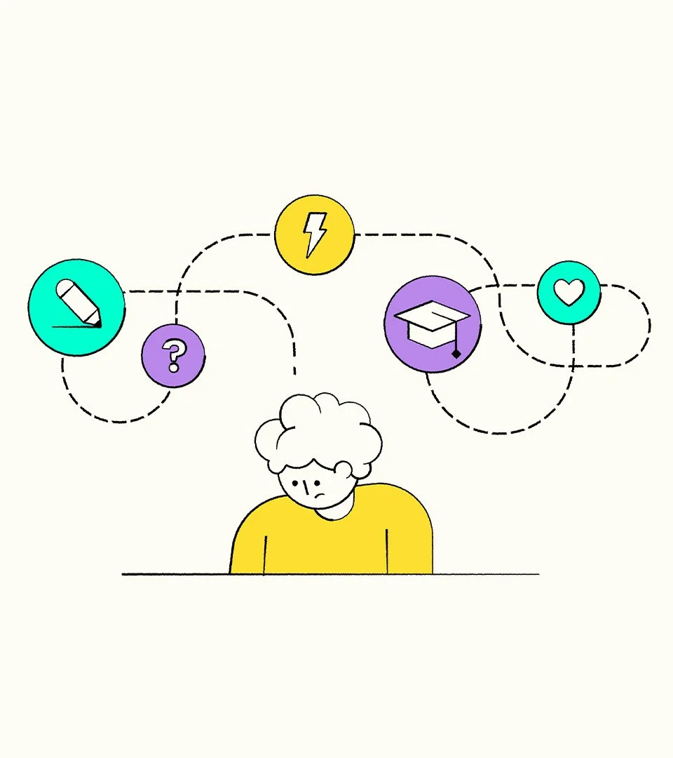 Line illustration of a person looking down with a sad expression on their face, with lots of different icons floating above their head including Education and Health. The icons are all connected with dotted lines.