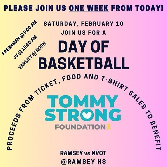 Please join @ramseyhsbball next Saturday, February 10th for a day of basketball benefiting the Tommy Strong Foundation! Proceeds from ticket, food, and T-shirt sales will help support Tommy Strong&rsquo;s mission of fighting childhood cancer. 

Ramse
