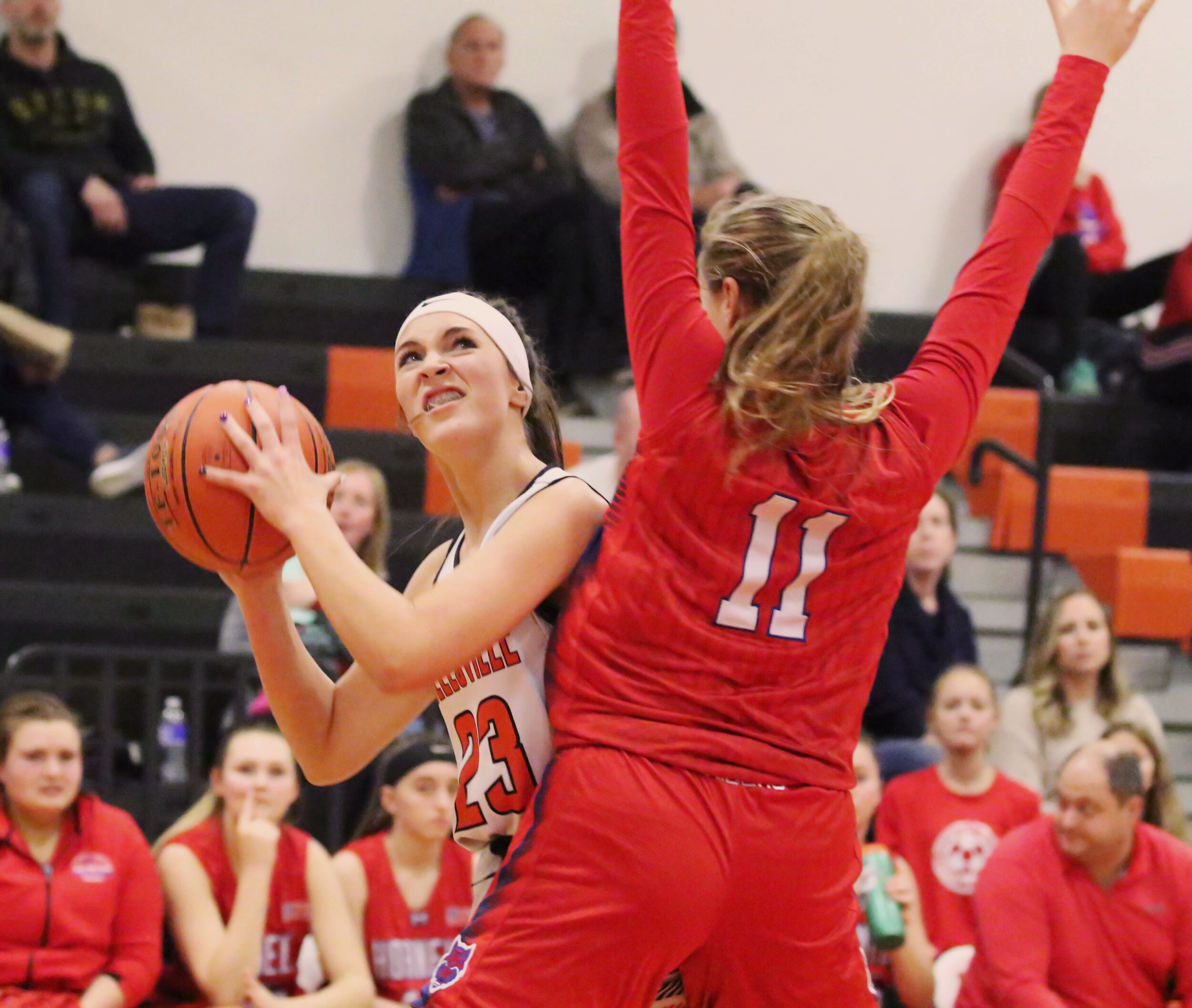  Wellsville sophomore Kaylee Coleman (23) looks to put up a shot while working against the Hornell defense during Friday’s home contest. [Chris Brooks/WellsvilleSports.com] 