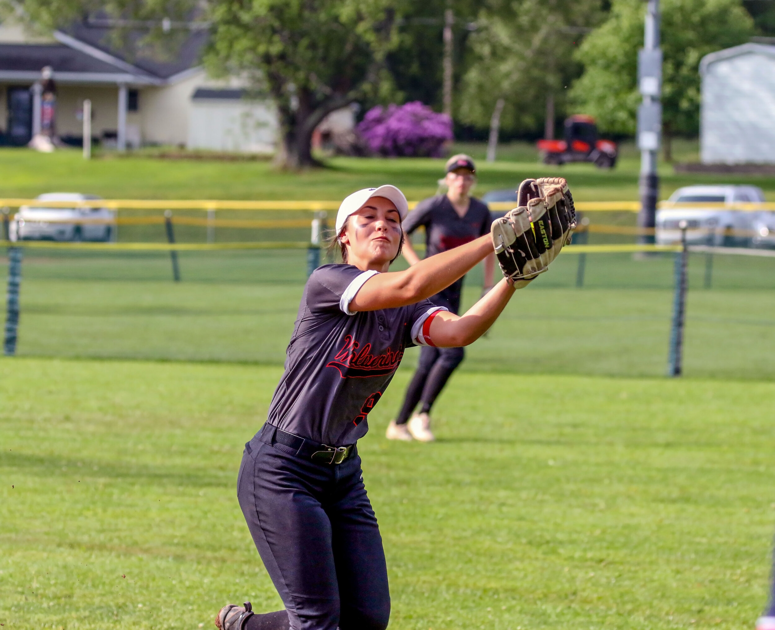  Bolivar-Richburg second baseman Gracie Zilker secures the pop-fly catch on the run during Tuesday’s Class C2 First Round matchup against Pavilion, in Richburg. [Chris Brooks/WellsvilleSports.com] 