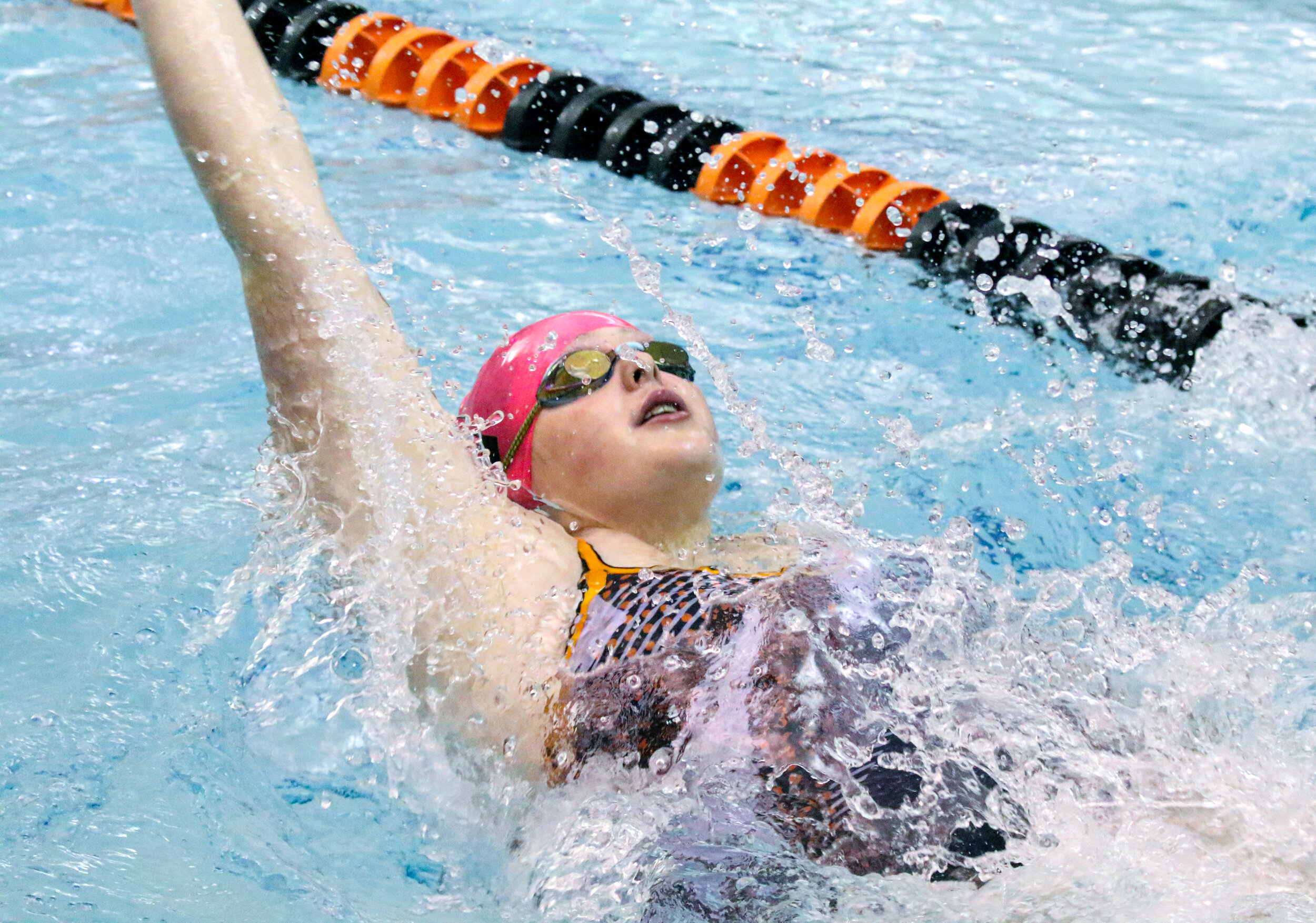 Wellsville’s Stephanie Oswald competes during the 200 medley relay event in Saturday morning’s Senior Day meet against Hornell, in Wellsville. [Chris Brooks/WellsvilleSports.com] 