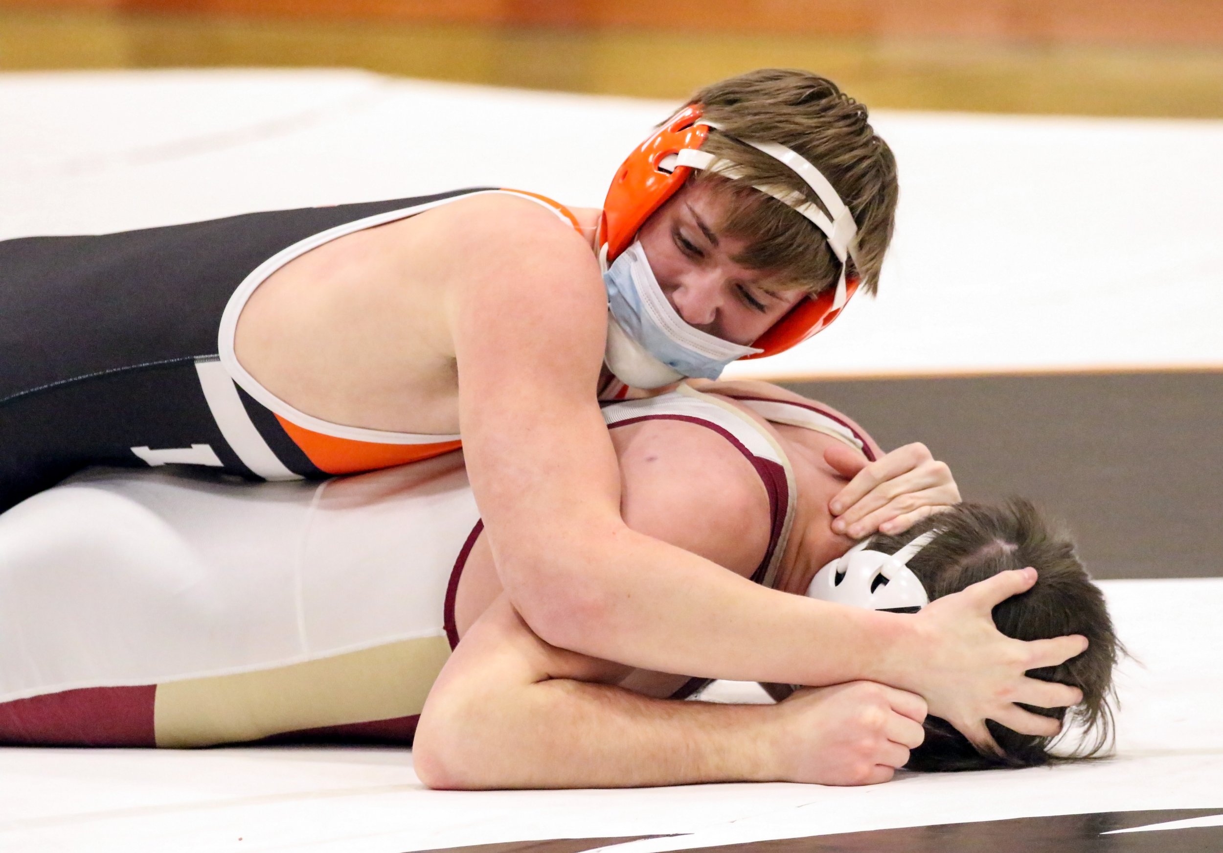  Wellsville’s Anthony Stamey, top, continues to work the upper hand against his opponent during his bout at 160 pounds in Tuesday night’s home match against Avoca/Prattsburgh/Hammondsport. [Chris Brooks/WellsvilleSports.com] 