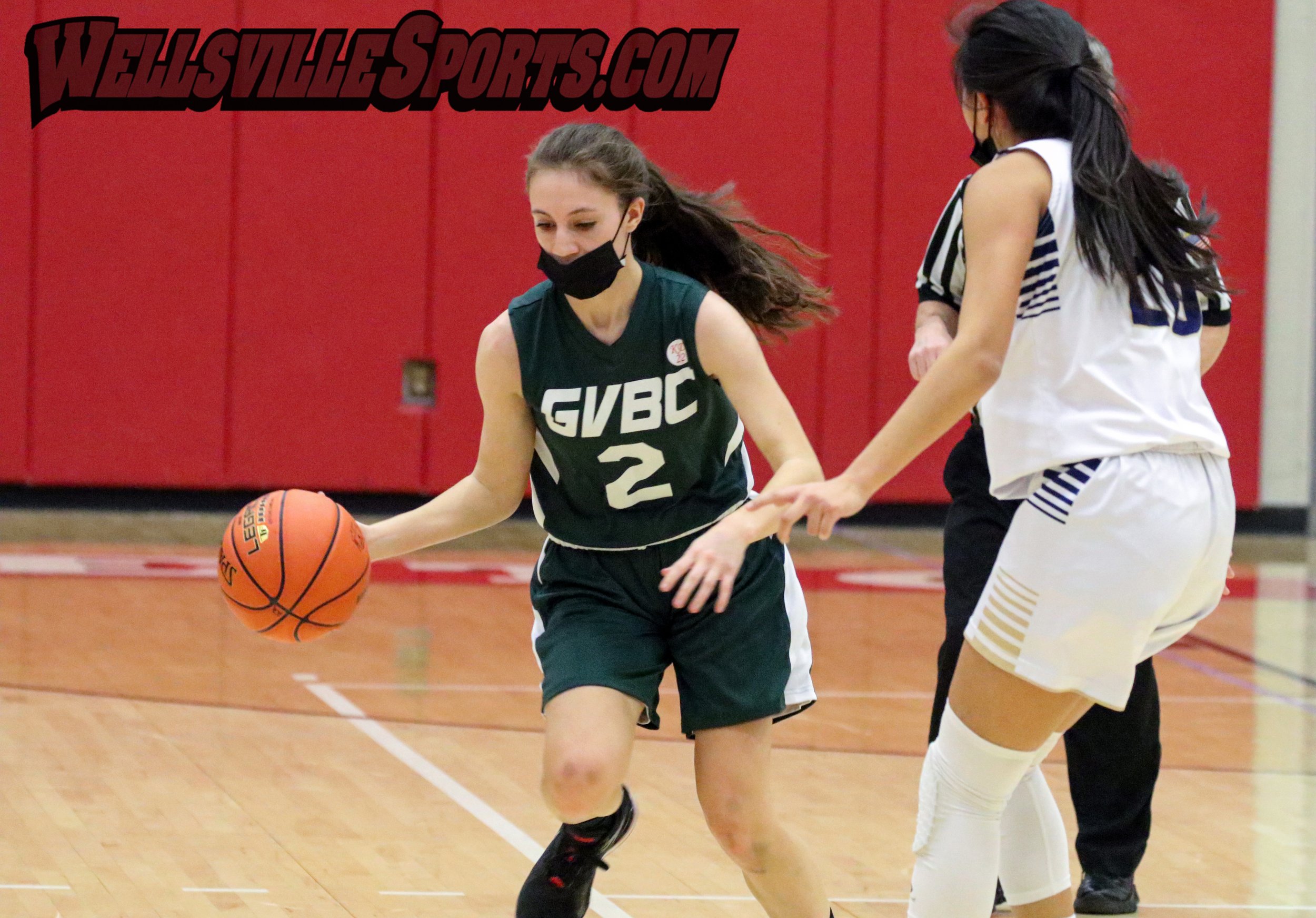  Genesee Valley/Belfast senior Alicia Borden (2) pushes the pace down the court while the Notre Dame-Batavia defense gives chase during Monday night’s Class D1 Semifinal contest in Gainesville. [Chris Brooks/WellsvilleSports.com] 
