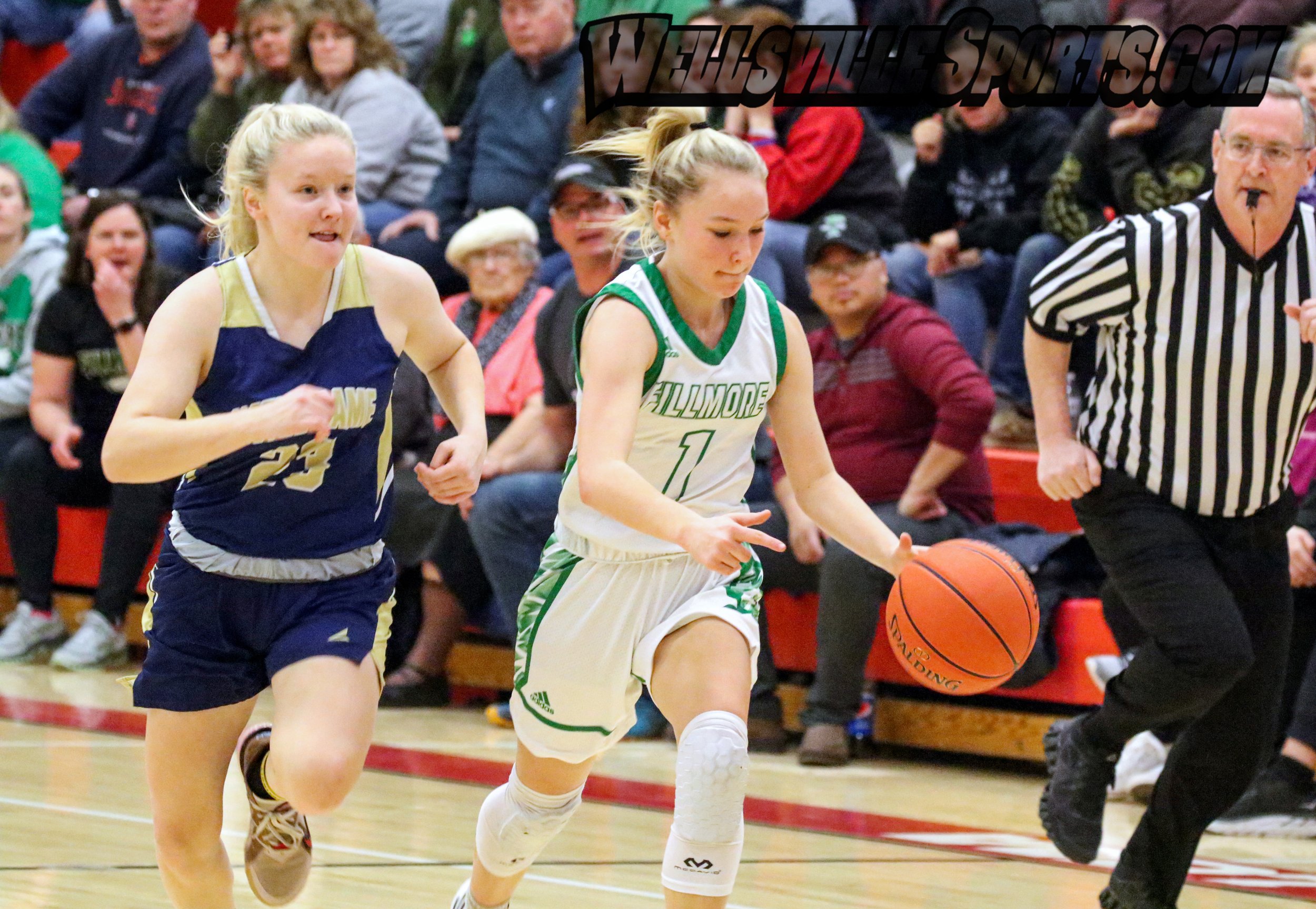  Fillmore sophomore Hope Russell (1) pushes the pace down into the offensive zone while the Notre Dame-Batavia defense gives chase during Friday night’s Class D1 Finals at Letchworth. [Chris Brooks/WellsvilleSports.com] 