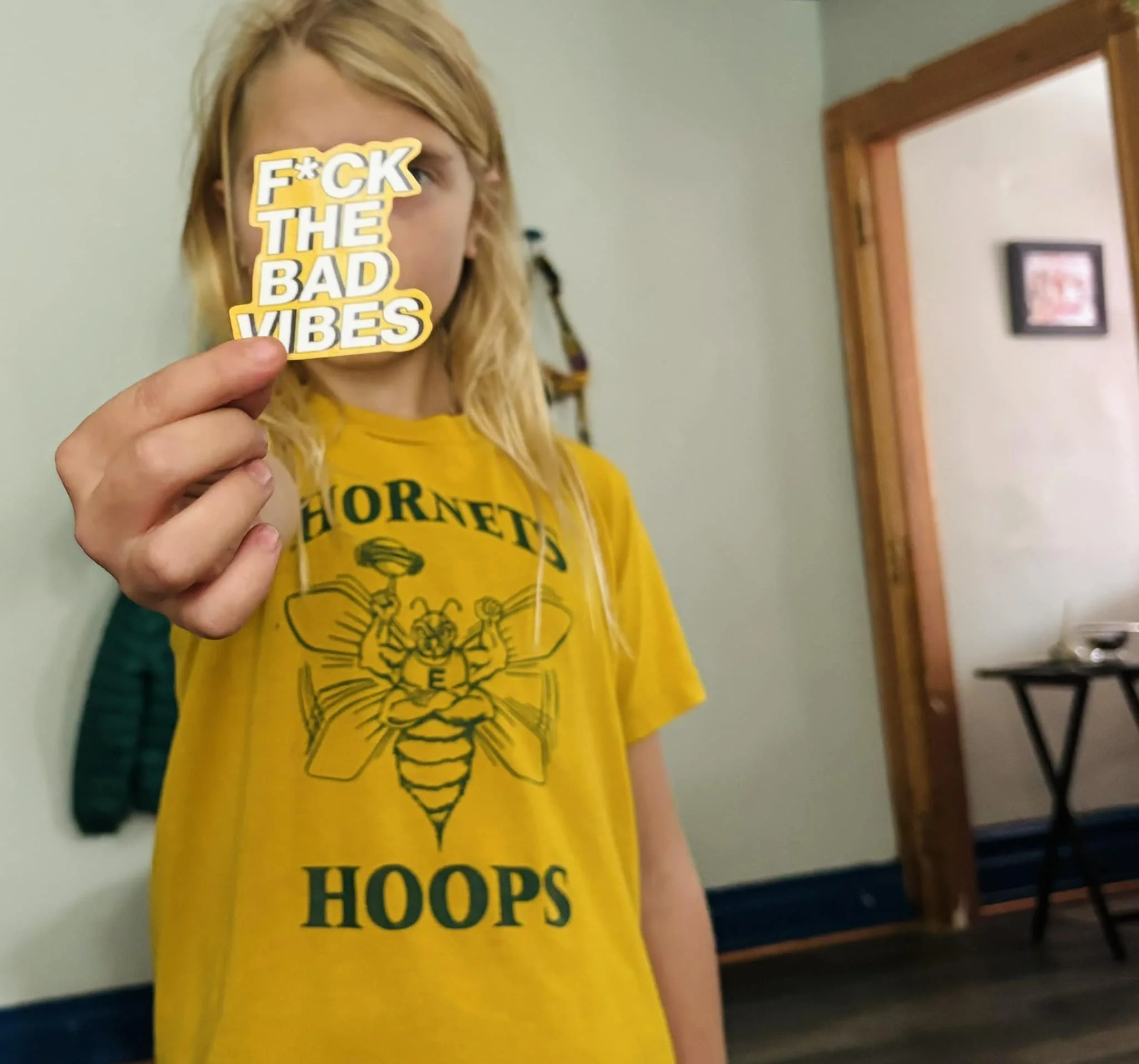 I told her to clean up her mess.
She started to scream and stomp, but went quiet. 
She walked over in silence.
And held out this. 

Her meltdown has stopped, and she's cleaning. I guess she said everything she needed &amp; my crude sticker stash migh