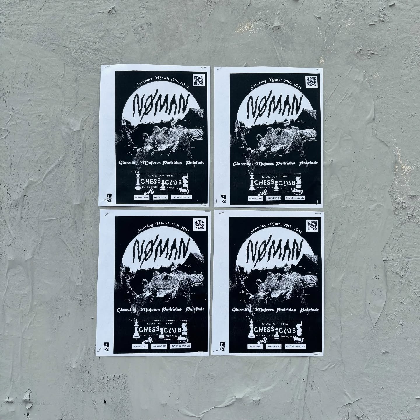 Saturday at @chessclubaustin. This show is ALL AGES. If tickets sell out online, they WILL be available at the door until the venue hits capacity. Show up early&hellip;

N&Oslash; MAN
GLASSING
MUJERES PODRIDAS
PALEFADE

Ticket link in bio.
