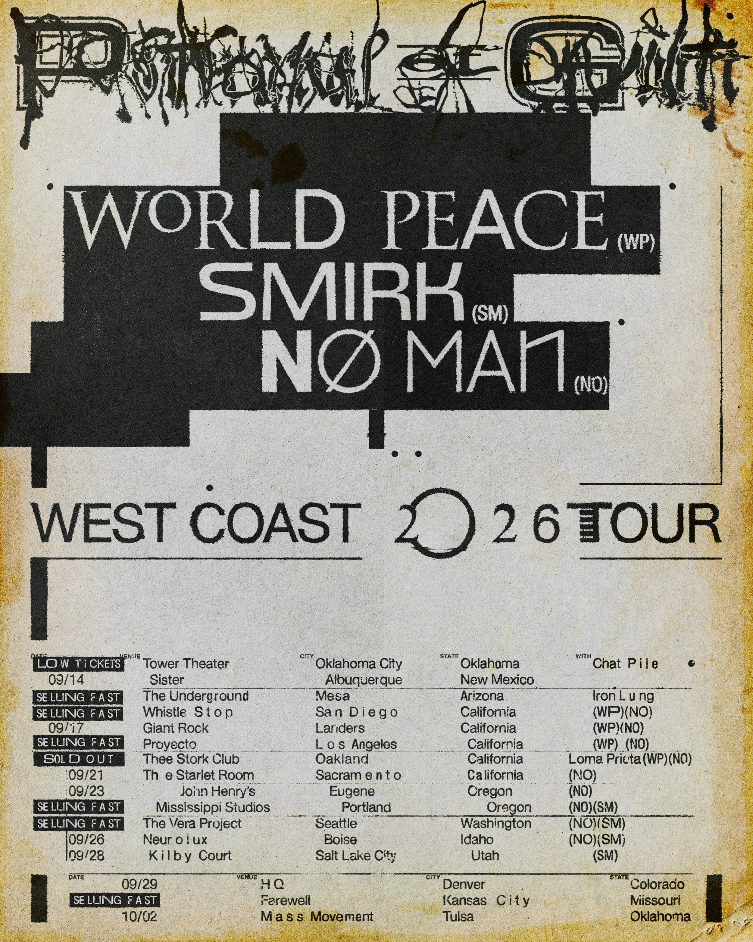 West Coast tour, select dates with @worldfuckingpeace, @smirk.unofficial &amp; @nomanband starts this Saturday. Oakland is sold out, Oklahoma City is low on tickets and multiple dates are selling very quickly with LA being next to go. Don&rsquo;t wai
