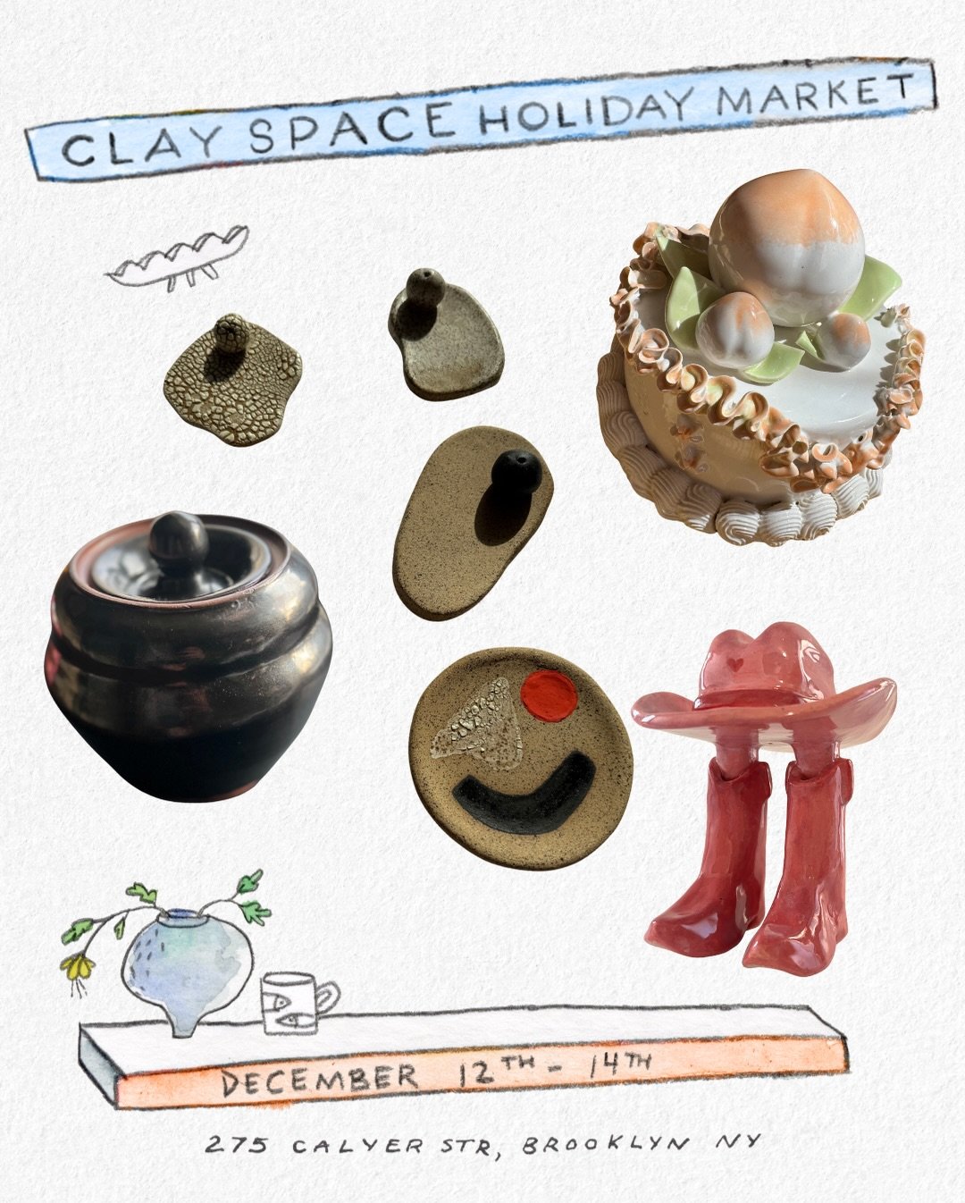 Meet even more of the incredible Clay Space members bringing their work to this year&rsquo;s Holiday Market!
Becca Carr @cococo.ceramics
Daniel Garretson @Dgarcon
Audrey Tse @aujuju_clay
Amelia Muir @shewar_art
Julian Galloway @_solpottery_
Asli Kekl