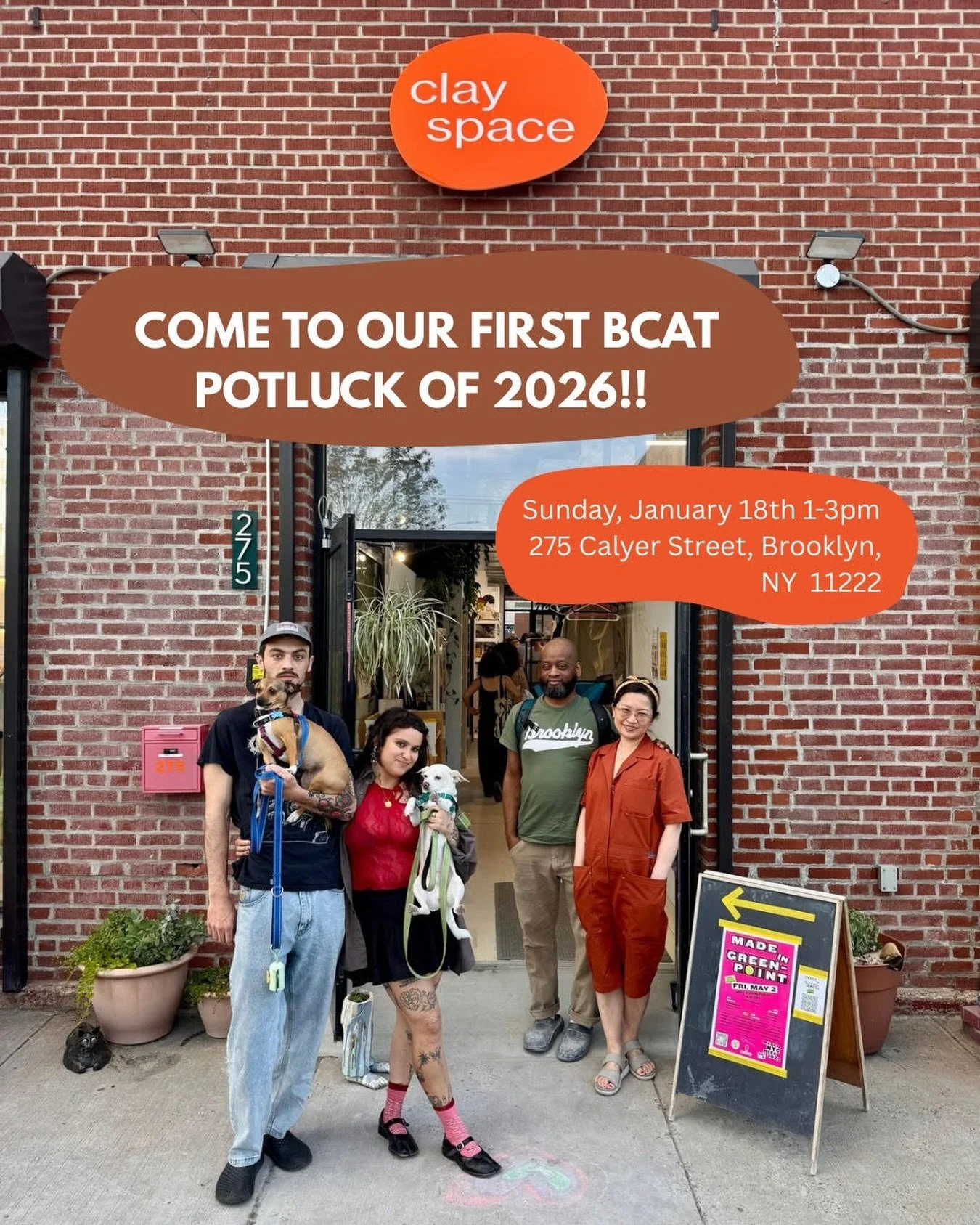 Come hang with us as we host the first BCAT potluck of the year!
275 Calyer St, Brooklyn, NY 11222 Sunday, January 18
1&ndash;3 PM
Bring a dish or drinks to share, and if you&rsquo;re into it, a small ceramic piece under $20 for a post holiday gift e