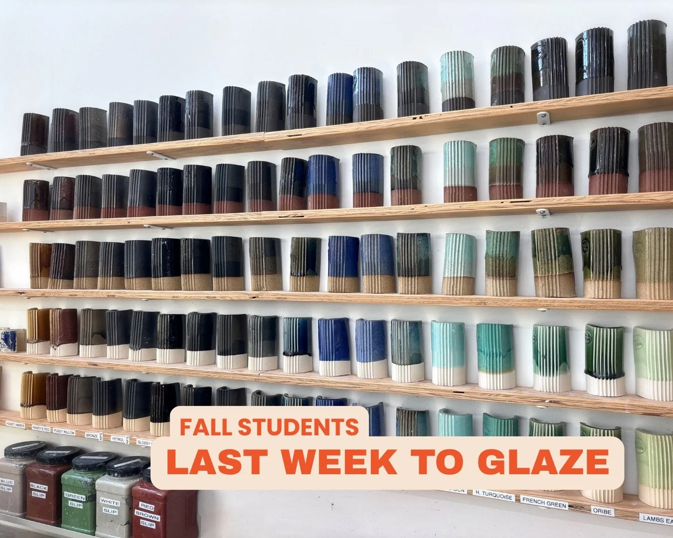 Fall semester students, this is the last week for glazing!
All remaining bisqueware has been moved to the top of the student glaze wall.
Students must book time in the glaze room using the student portal.
The final day to glaze is January 31, anythin