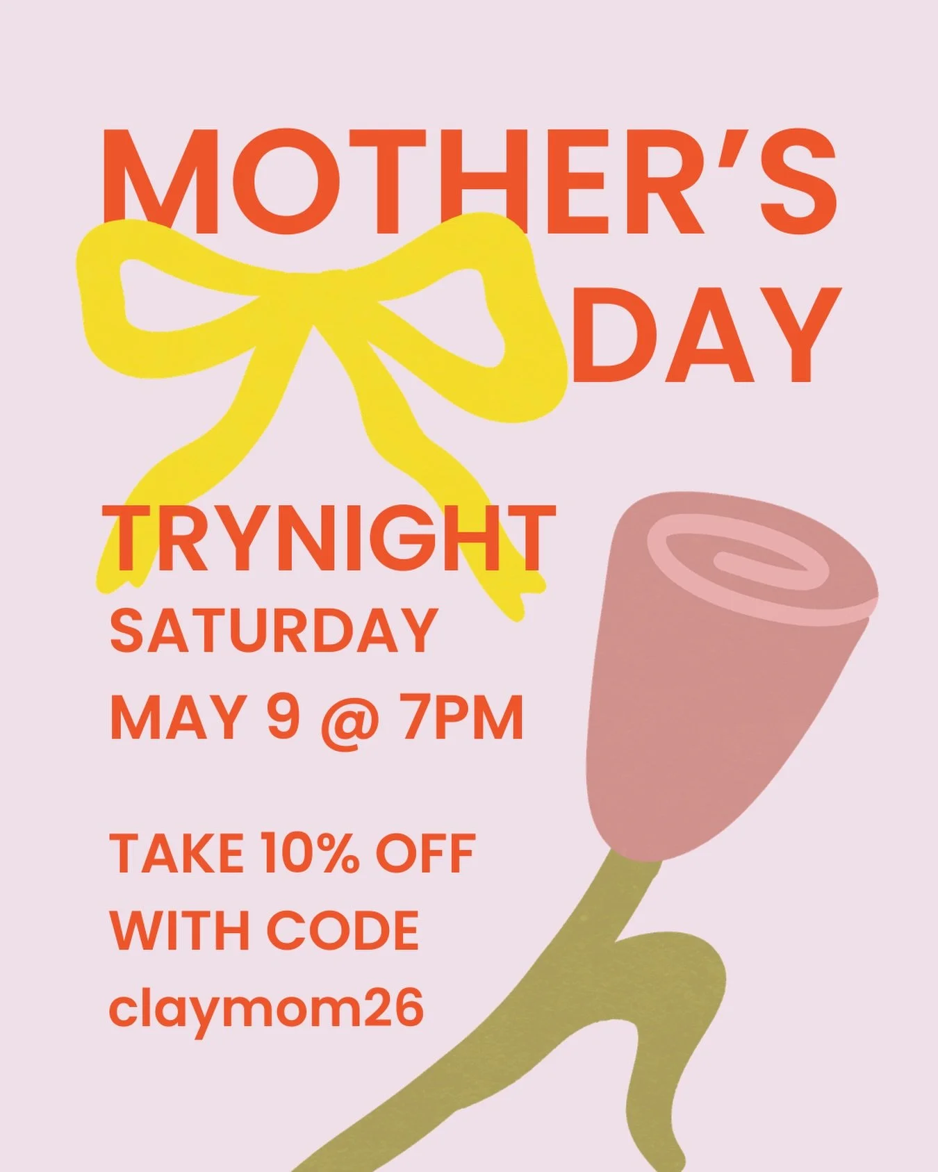 Come celebrate a mom this Saturday May 9 at 7pm! 💐

Whether you&rsquo;re bringing your mom, a mother figure, or coming to create something meaningful for one, our Wheel Throwing Try Night is a relaxed, beginner friendly intro to clay!

Take 10% off 
