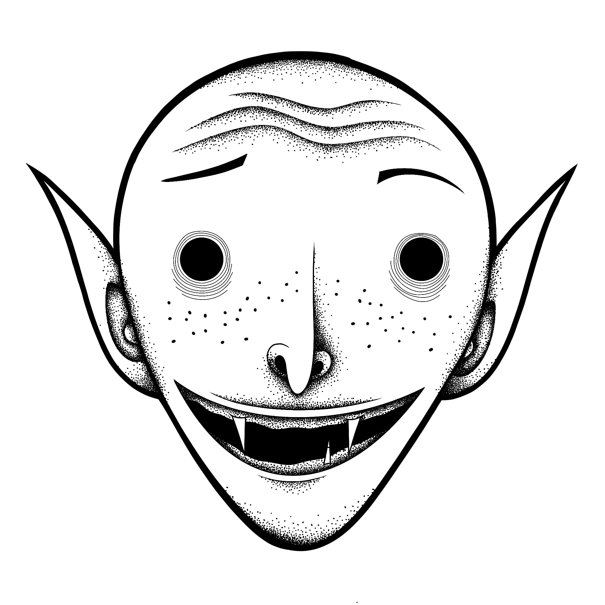 A black and white illustration of a cartoon character with a round face, large eyes, pointy ears, and a big nose.