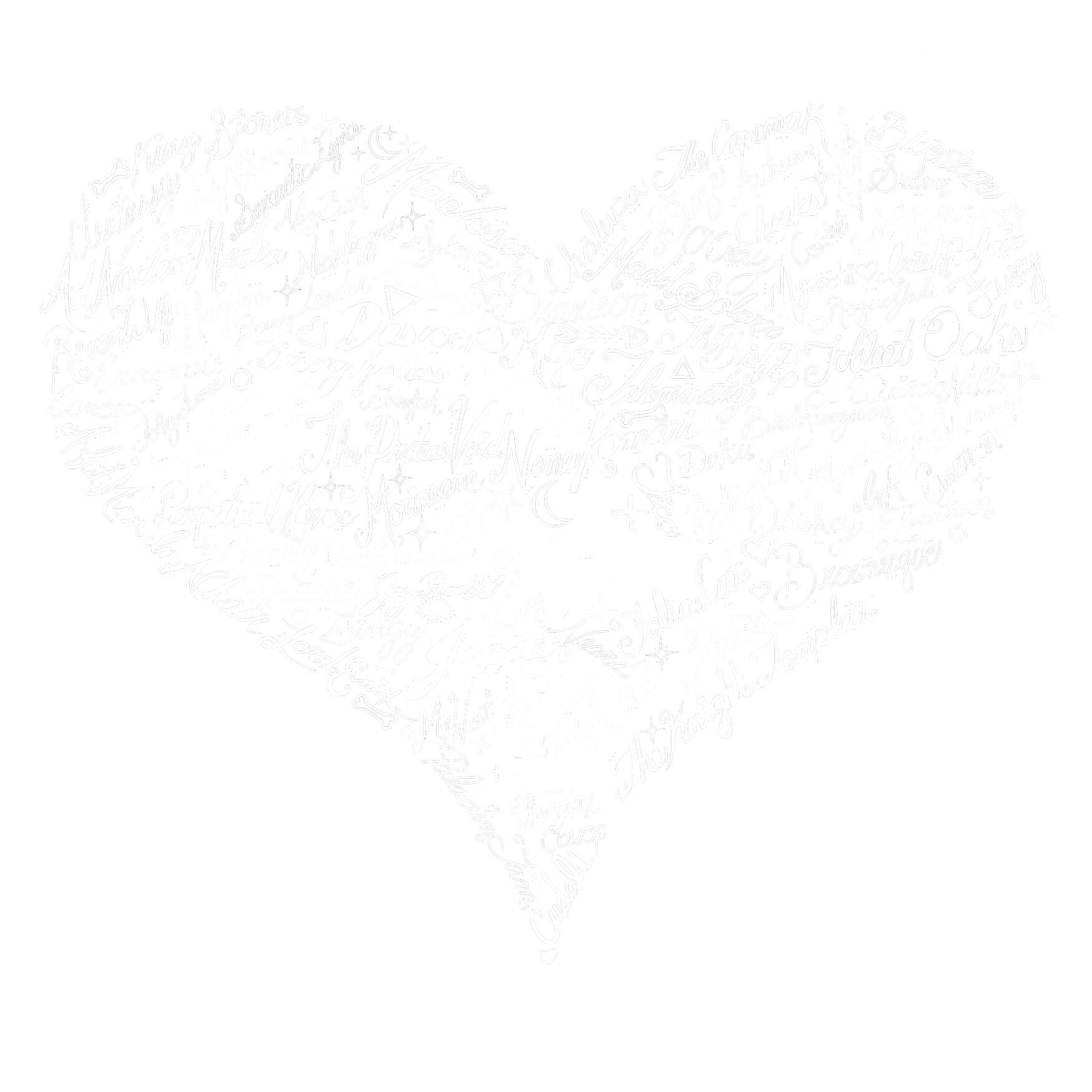 White heart shape made of handwritten names, words, and symbols against a black background.