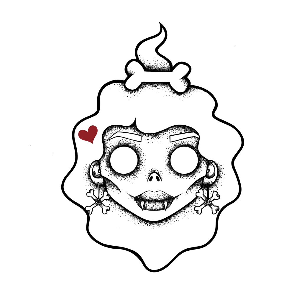 A black and white illustration of a cute skull with large eye sockets, fangs, and a bone on top of its head. It has earrings that resemble snowflakes, a small heart on the cheek, and a cloud-like shape around its face.