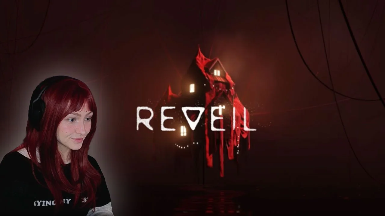 A woman with red hair wearing headphones looks at a dark, eerie image of a house with red dripping elements and the word 'REVEL' on a dark background with cables or wires above.