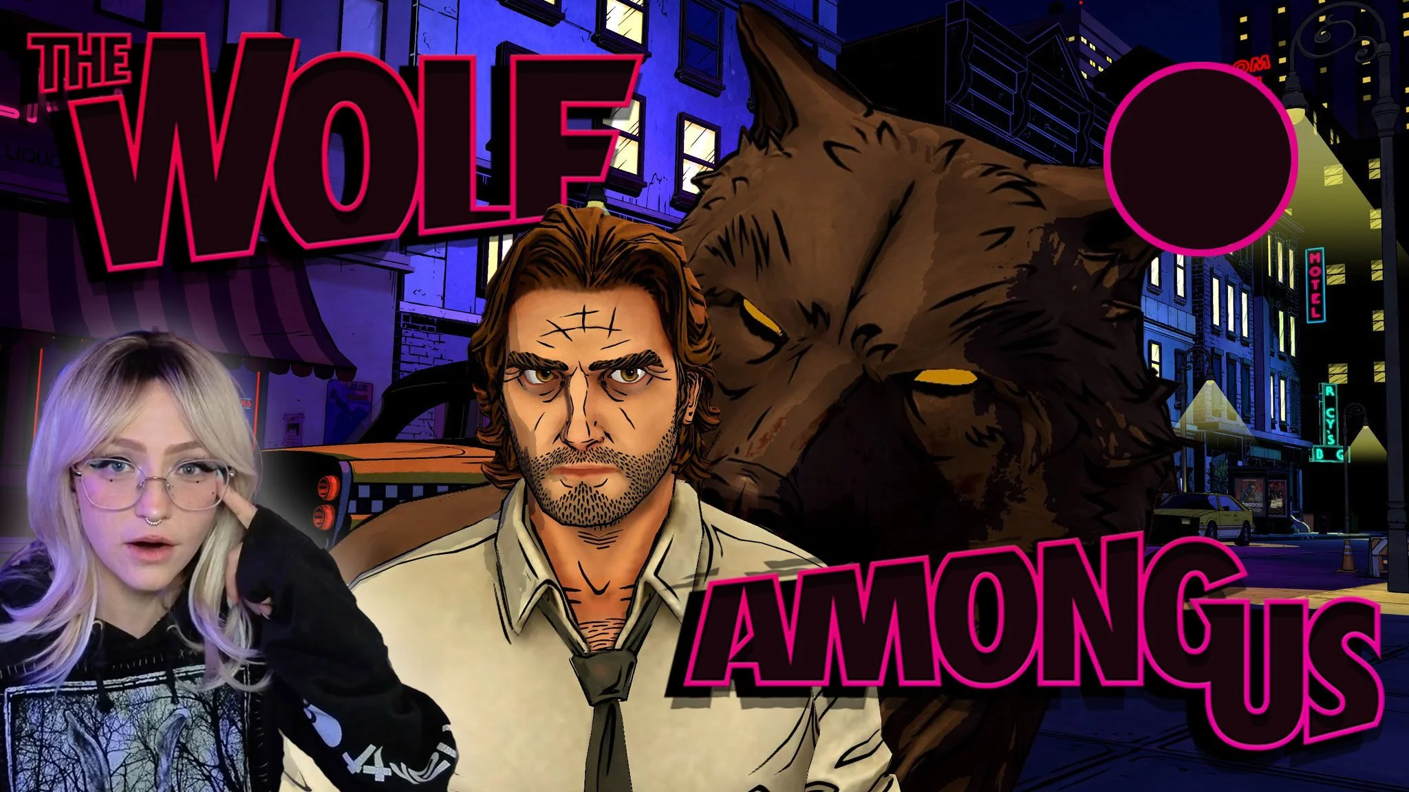 Digital illustration of a city scene at night with neon signs, a woman with blonde hair and glasses in the lower left corner, and animated characters from the movie 'The Wolf Among Us' in the foreground.