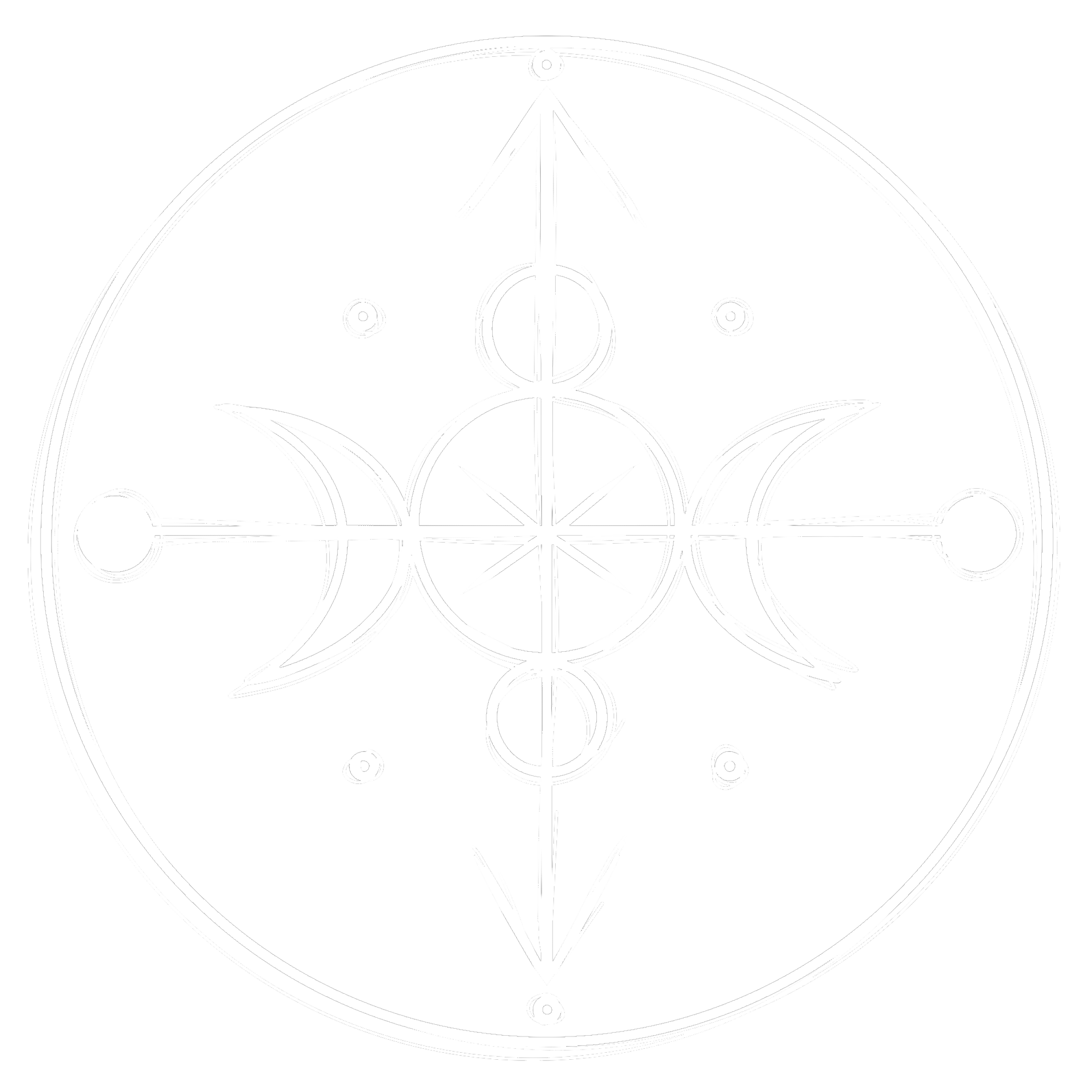 A black-and-white line art illustration of a geometric symbol featuring a fish, a circle, and various lines and shapes, set against a black background.