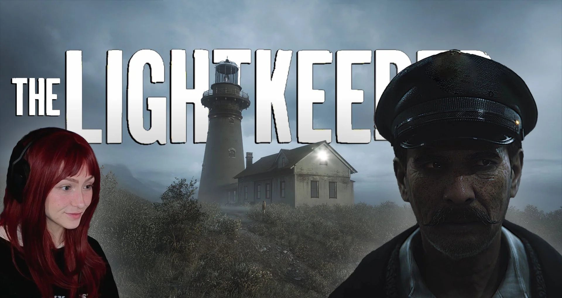 Promotional poster for the movie "The Lighthouse" featuring a lighthouse in the background, a woman with red hair and headphones on the left, and a man with a dark cap and intense expression on the right.