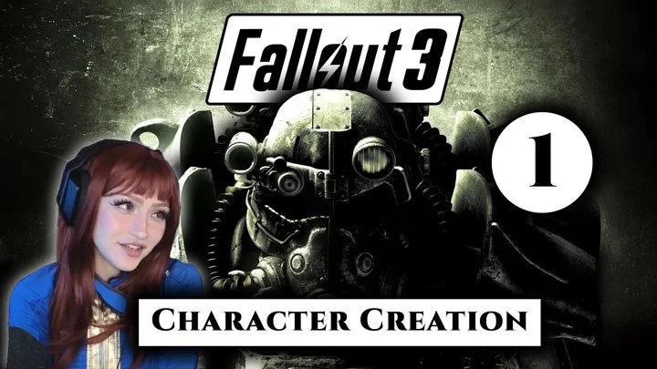 A woman with red hair and headphones, the Fallout 3 game logo, a military helmet, and the text 'Character Creation' on the image.