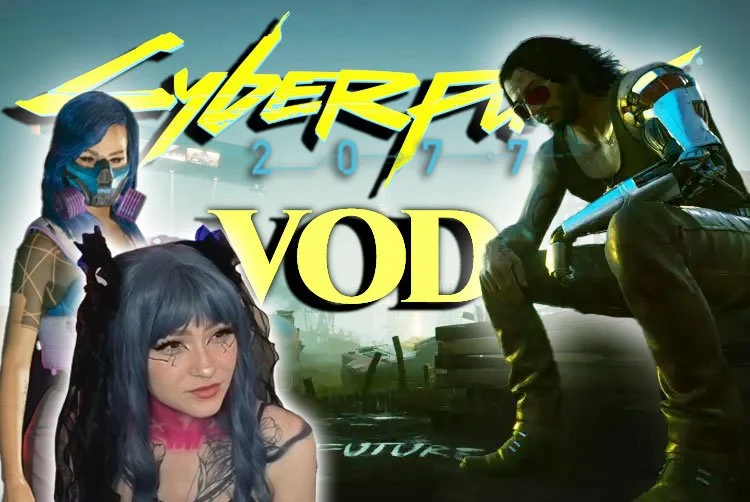 A promotional graphic for Cyberpunk 2077 VOD with three characters from the game, including a woman with blue hair and a tattooed face, a woman with a cybernetic arm and purple hair, and a man with sunglasses and a robotic arm, set against a futuristic city background.