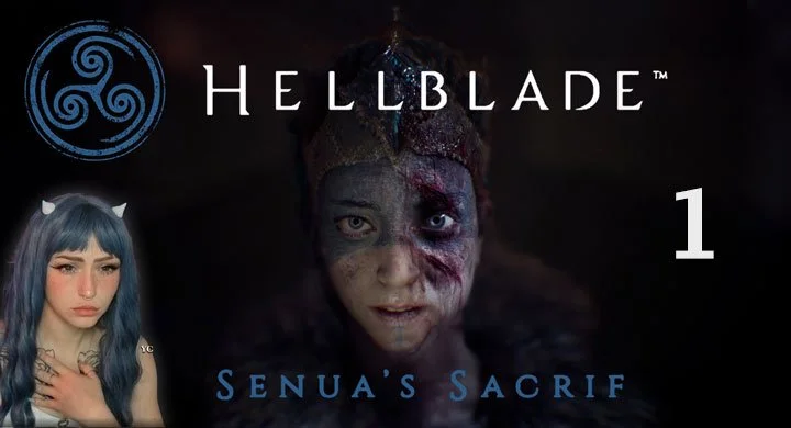 A promotional image for the game Hellblade II, featuring a woman with a distorted face and a crown, with the title 'Senua's Sacrifice' and a small inset of a girl with blue hair and white horns on her head.