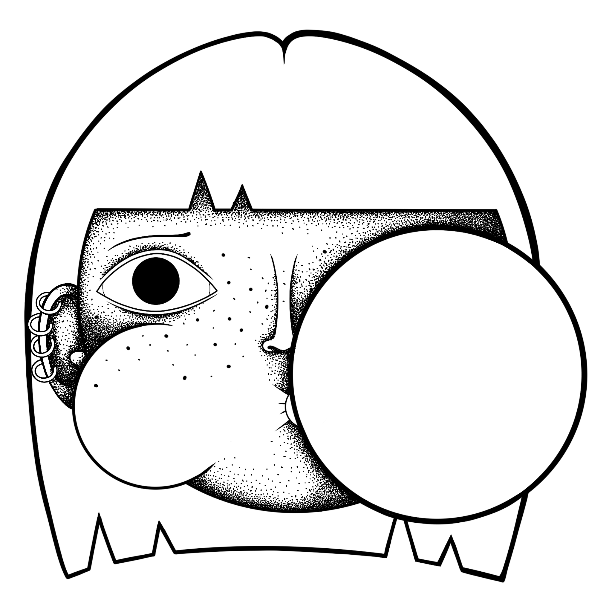 Black and white illustration of a stylized character with large eyes, a beak, and a mane of sharp teeth, resembling a monster or creature.