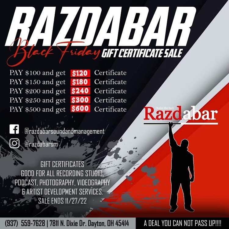 TIME IS RUNNING OUT!!!

Celebrate Small Business Saturday by purchasing a gift certificate for Razdabar! 

Gift certificates are good for everything from studio sessions to family photography shoots, and at the deepest discount of the year! 

Contact