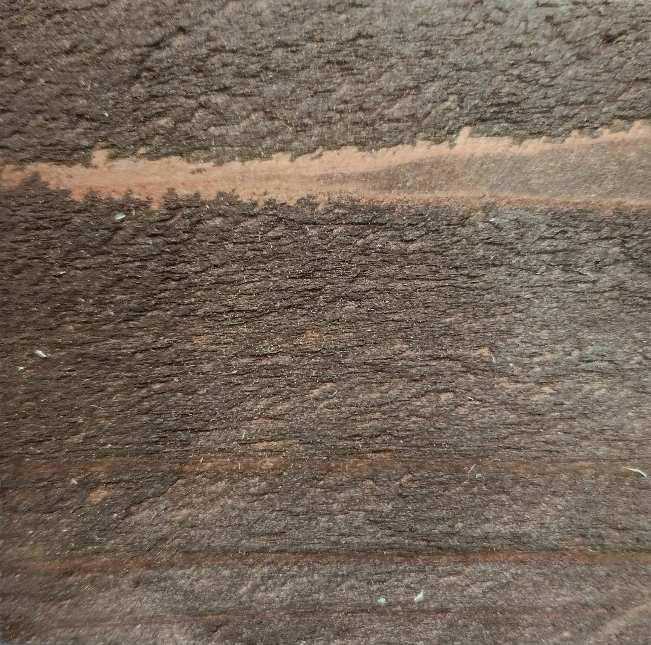 Close-up of a brown wooden surface with a horizontal reddish-brown stripe across the middle.