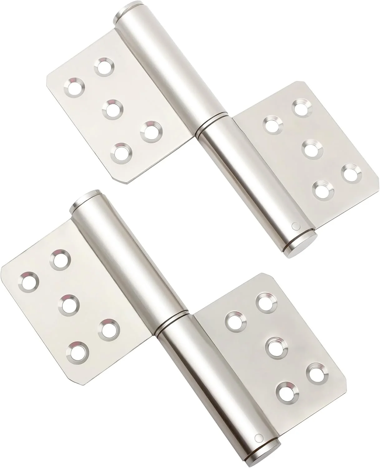 Two metallic door hinges with multiple screw holes, isolated on a white background.