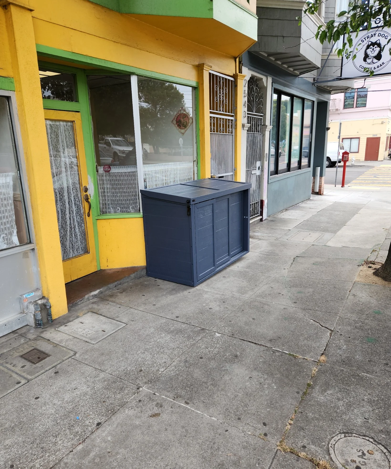 Colorful storefront with a yellow and green window and door, metal gate, and blue trash bin on a sidewalk in an urban area.