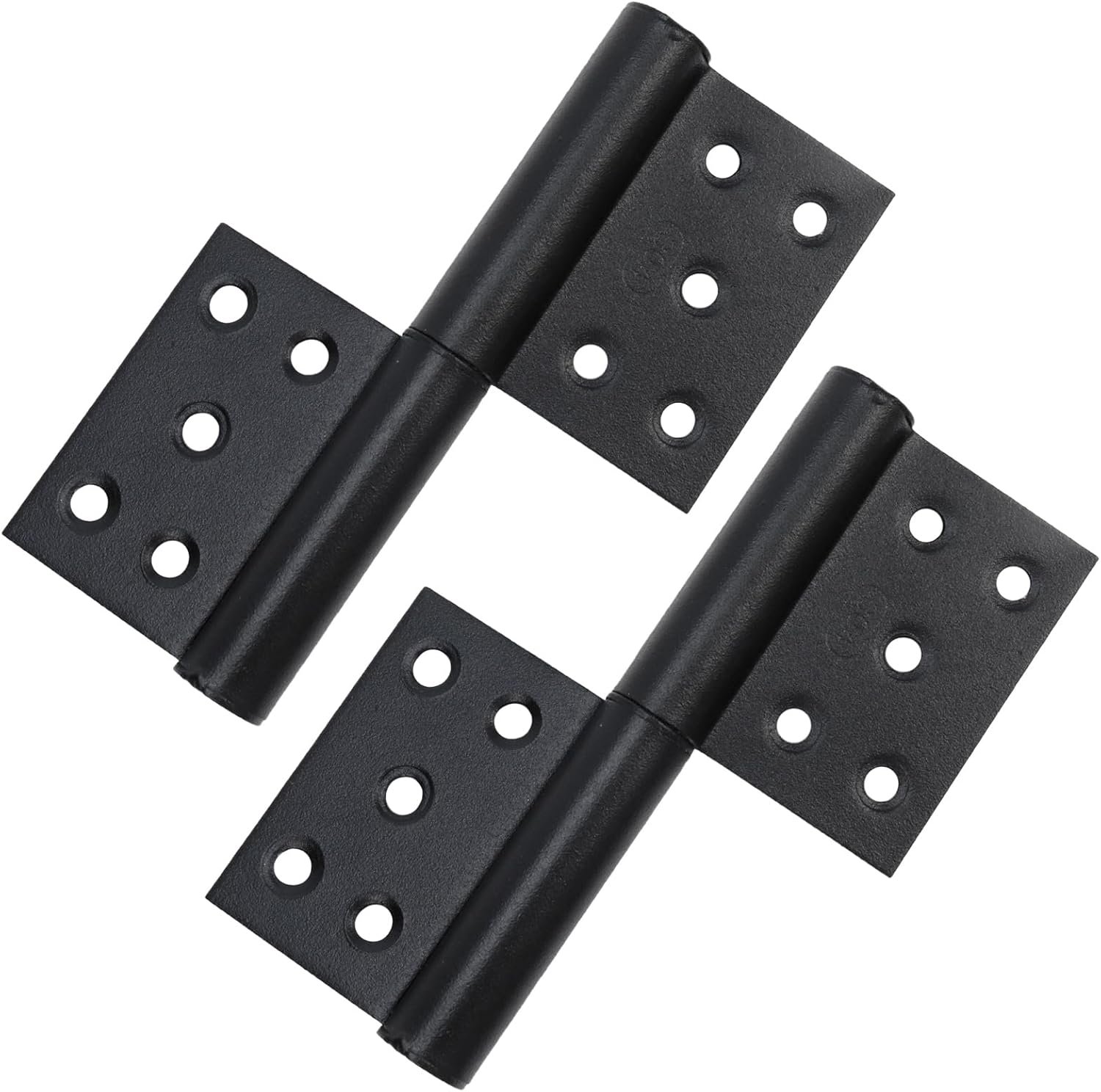 A pair of black metal hinges with multiple screw holes.