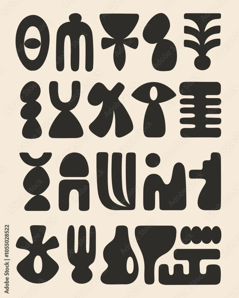 Abstract black tribal-style symbols on a beige background.