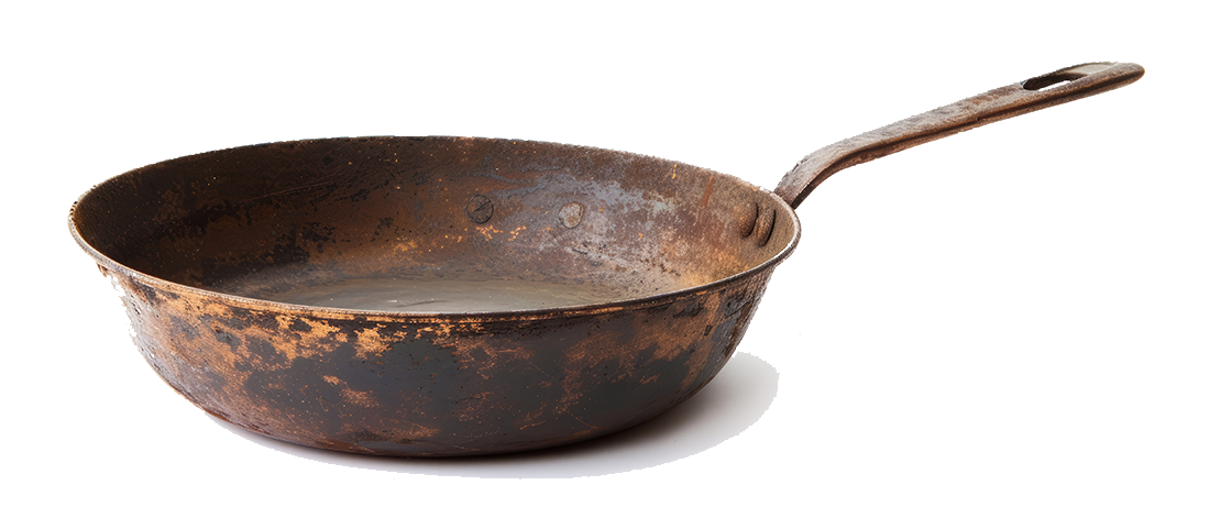 An old, rusty frying pan with a wooden handle.