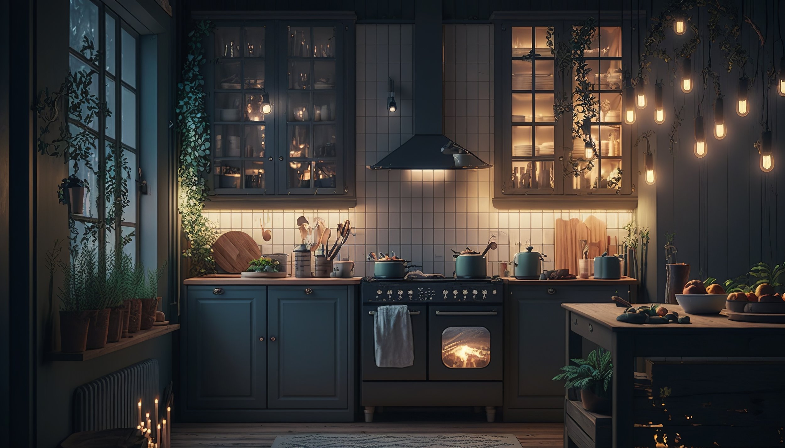 A cozy kitchen illuminated by warm lighting, featuring teal cabinets, a white tiled backsplash, and a wooden countertop with potted plants, utensils, and a stove with a fire inside.
