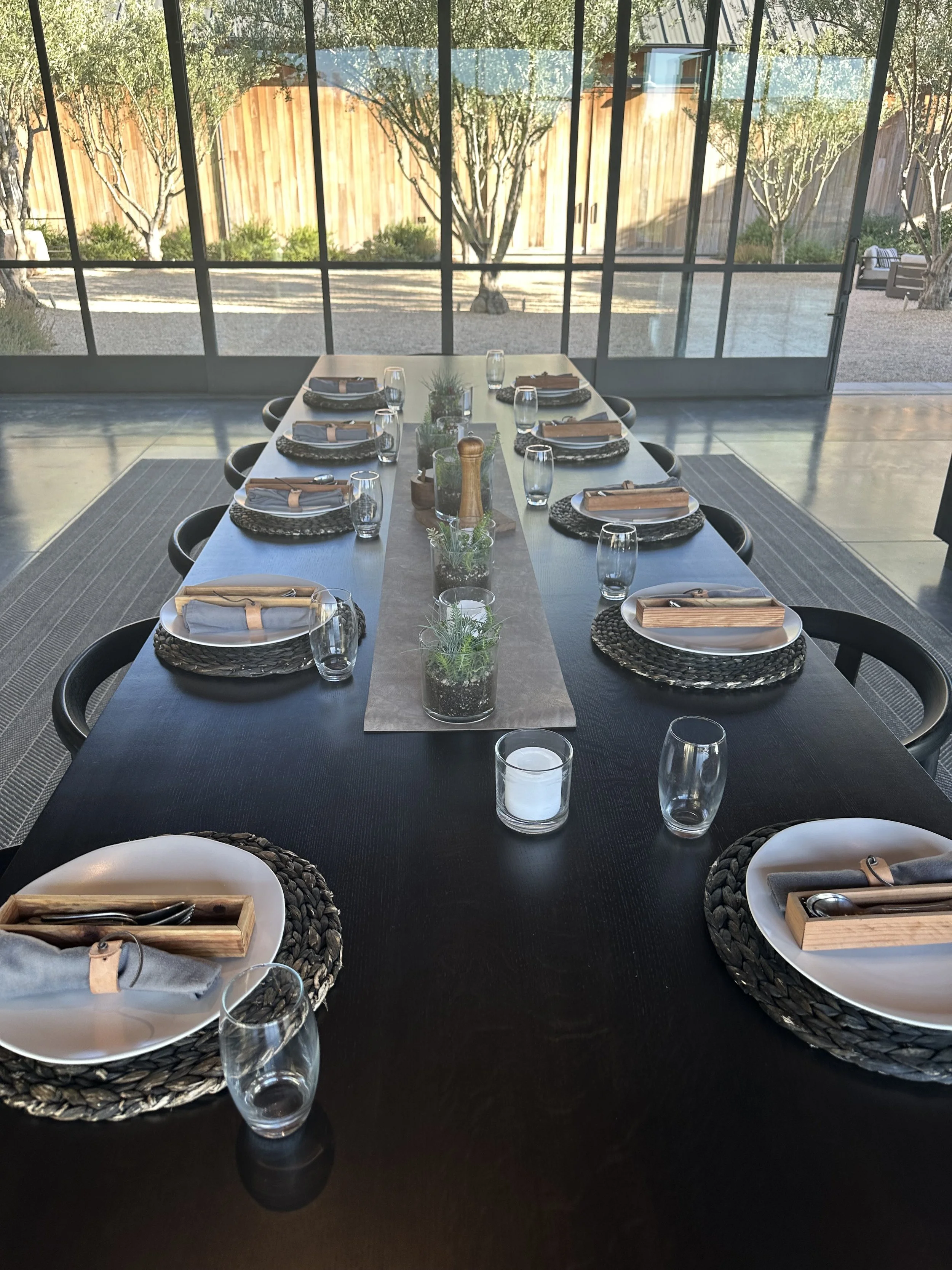 A long dining table set for eight, with woven placemats, white plates, napkins wrapped with a leather strap, drinking glasses, salt and pepper shakers, and small potted plants in the center, in a glass-enclosed room with a view of trees and a wooden fence outside.