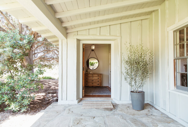 View of a home's front porch and entryway, with a potted plant on the right, a rug, and a mirror inside the house visible through the open door.