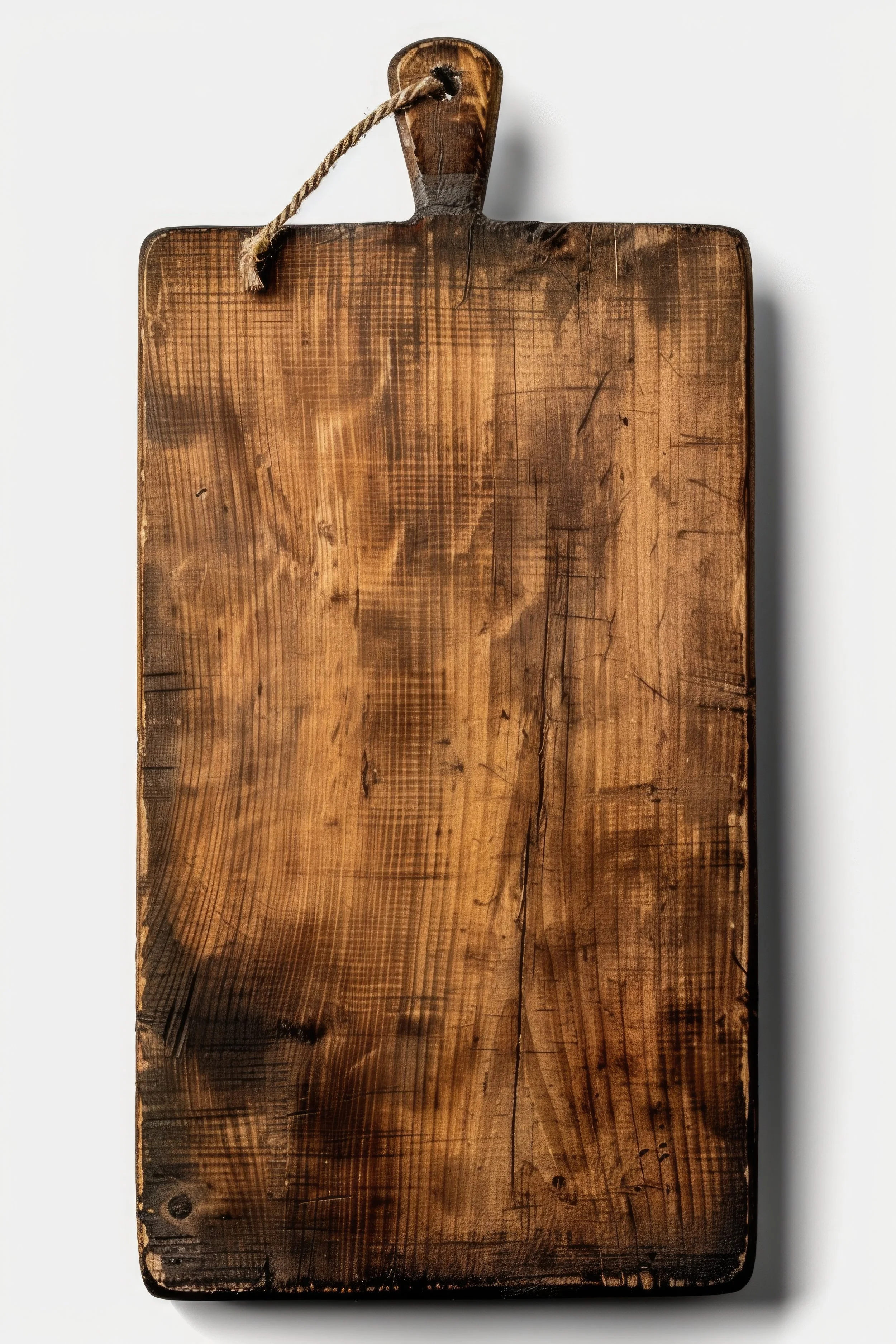 A rectangular wooden cutting board with a handle, hanging by a rope loop on a white wall.