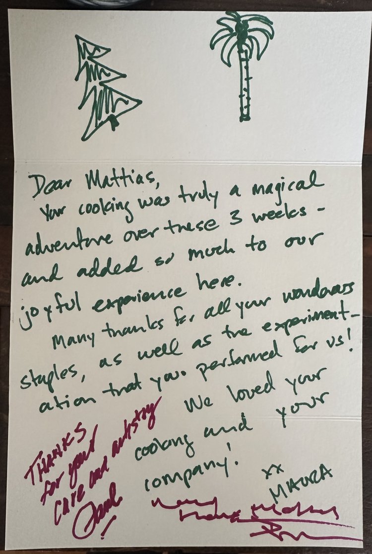 Handwritten thank-you note to Mattias with a Christmas tree and palm tree drawn at the top