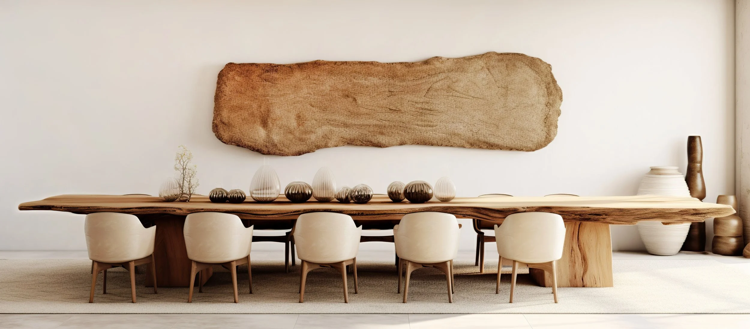 A modern dining room with a large, natural wood dining table, decorated with vases and small sculptures, against a plain white wall with textured artwork