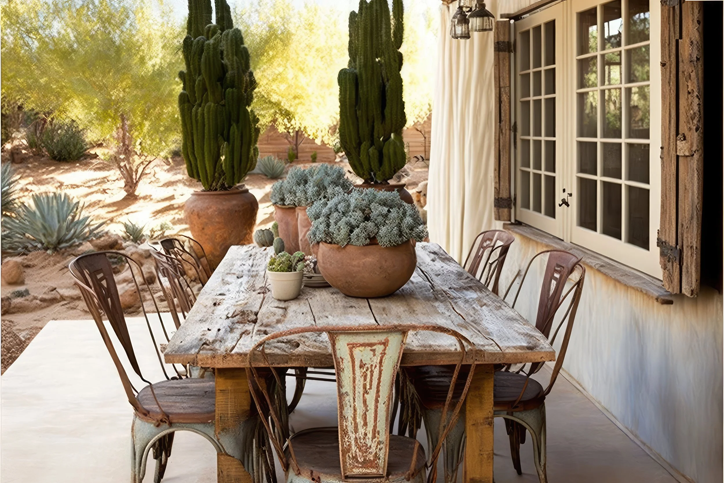 Outdoor patio with a rustic wooden table surrounded by metal chairs, decorated with potted cacti and succulents, next to a house with large window and cream curtains, in a desert garden setting with green trees and dry ground.