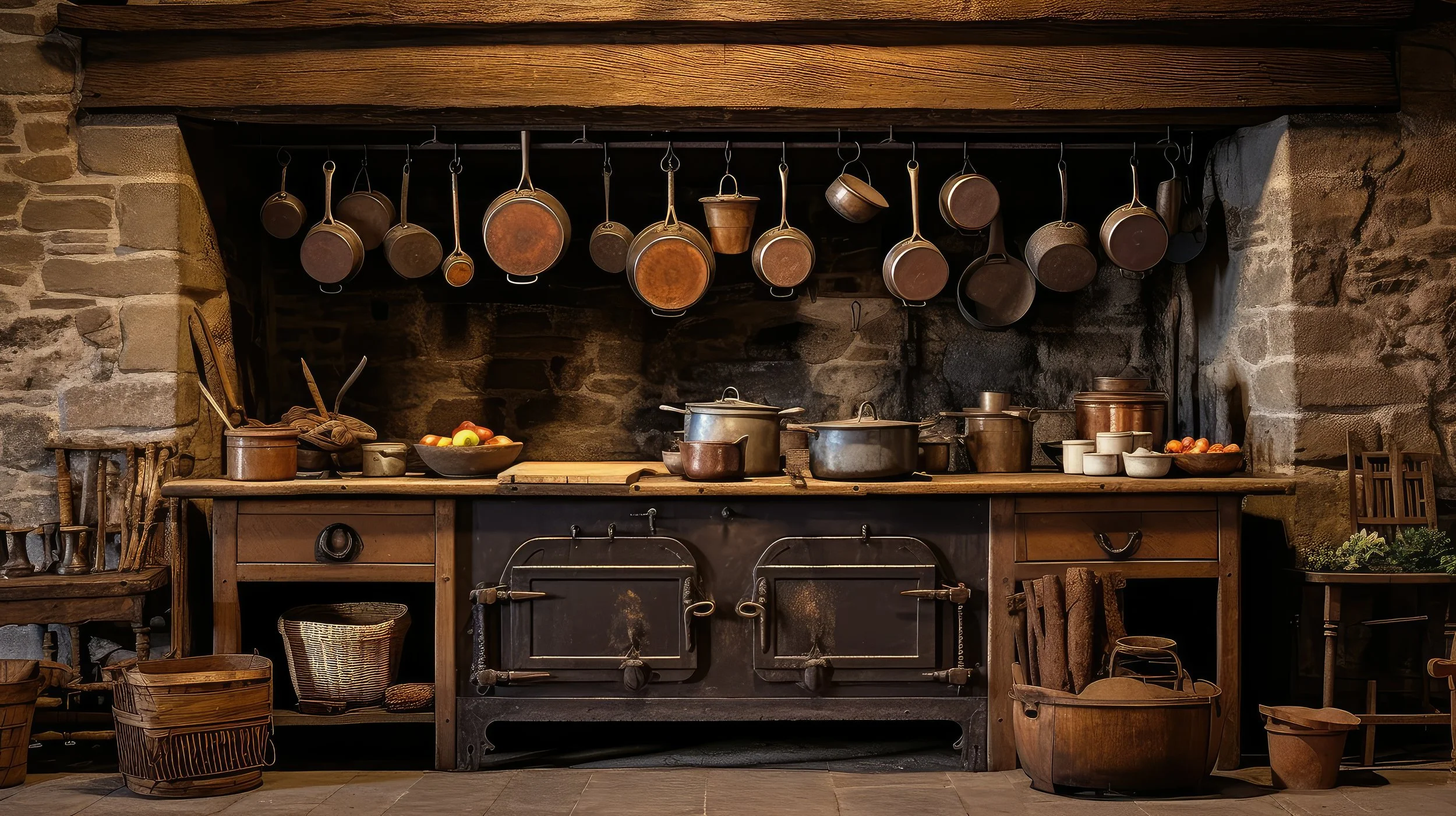 A rustic kitchen with a stone wall and wooden beams, featuring hanging pots and pans over a wooden countertop with various kitchenware and food items.