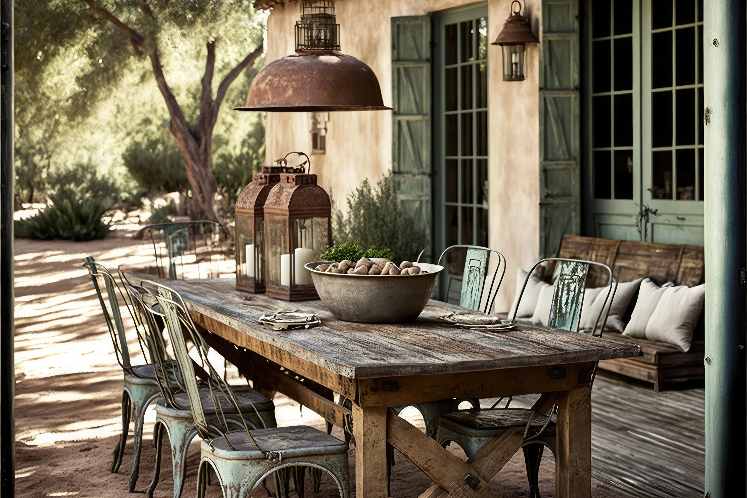 Rustic outdoor patio dining area with a long weathered wooden table, black metal chairs, and decorative lanterns, surrounded by green trees and a house with blue shutters.