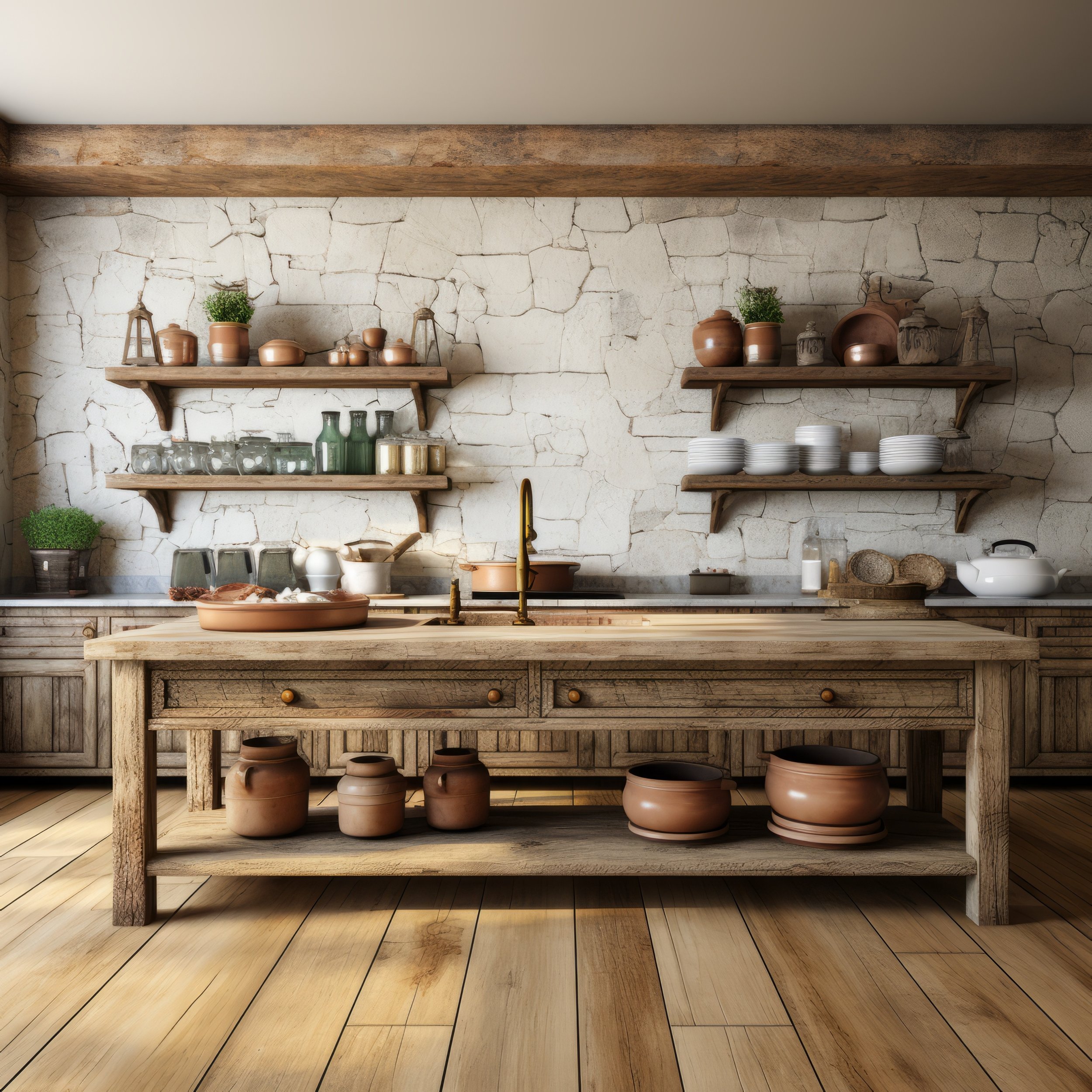 Rustic kitchen with wooden table, open shelves with pottery and dishes, stone wall background, and wooden flooring.