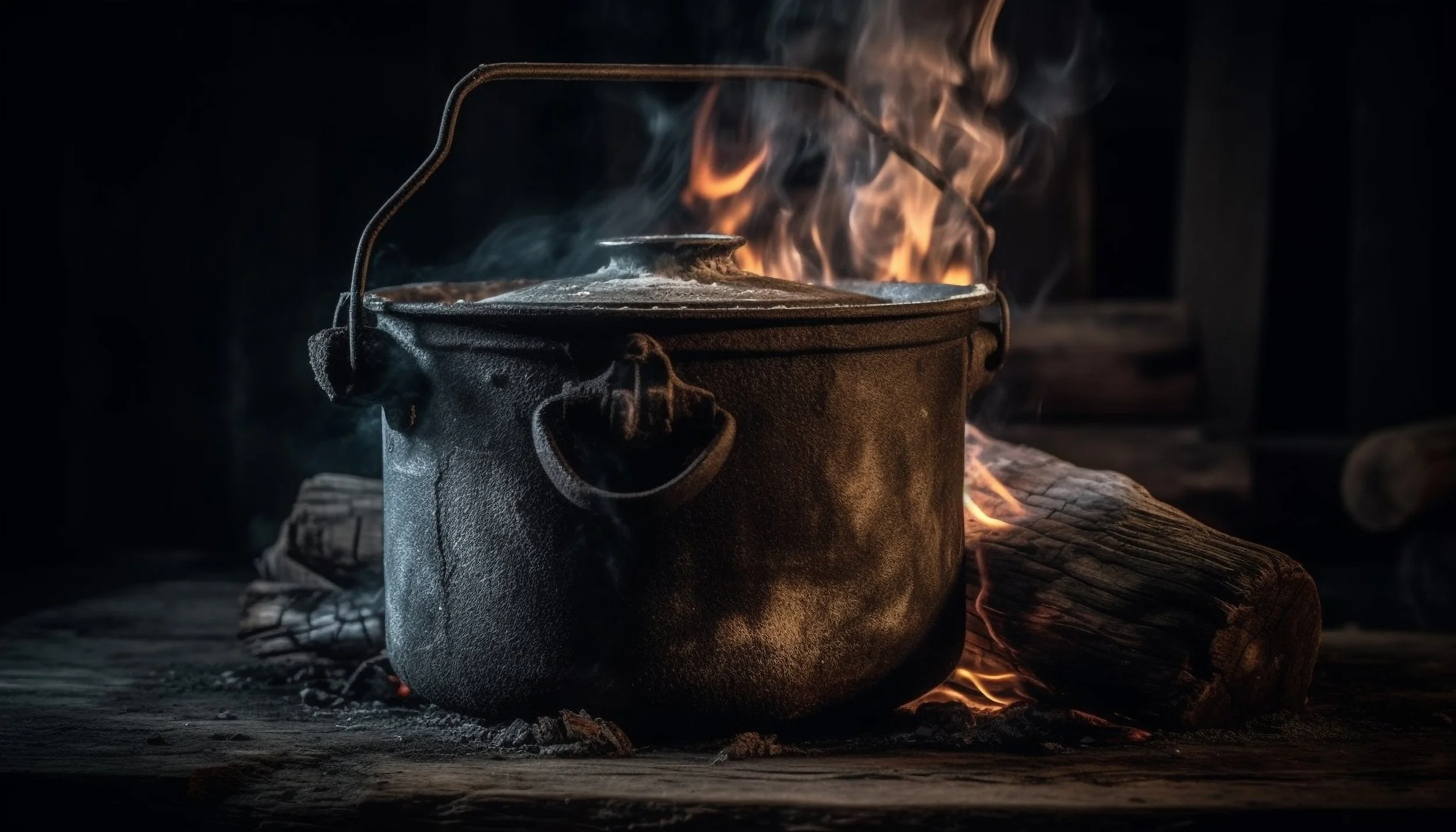 A black, cast iron kettle on a fire, with flames and smoke rising from it, on a rustic wooden surface.