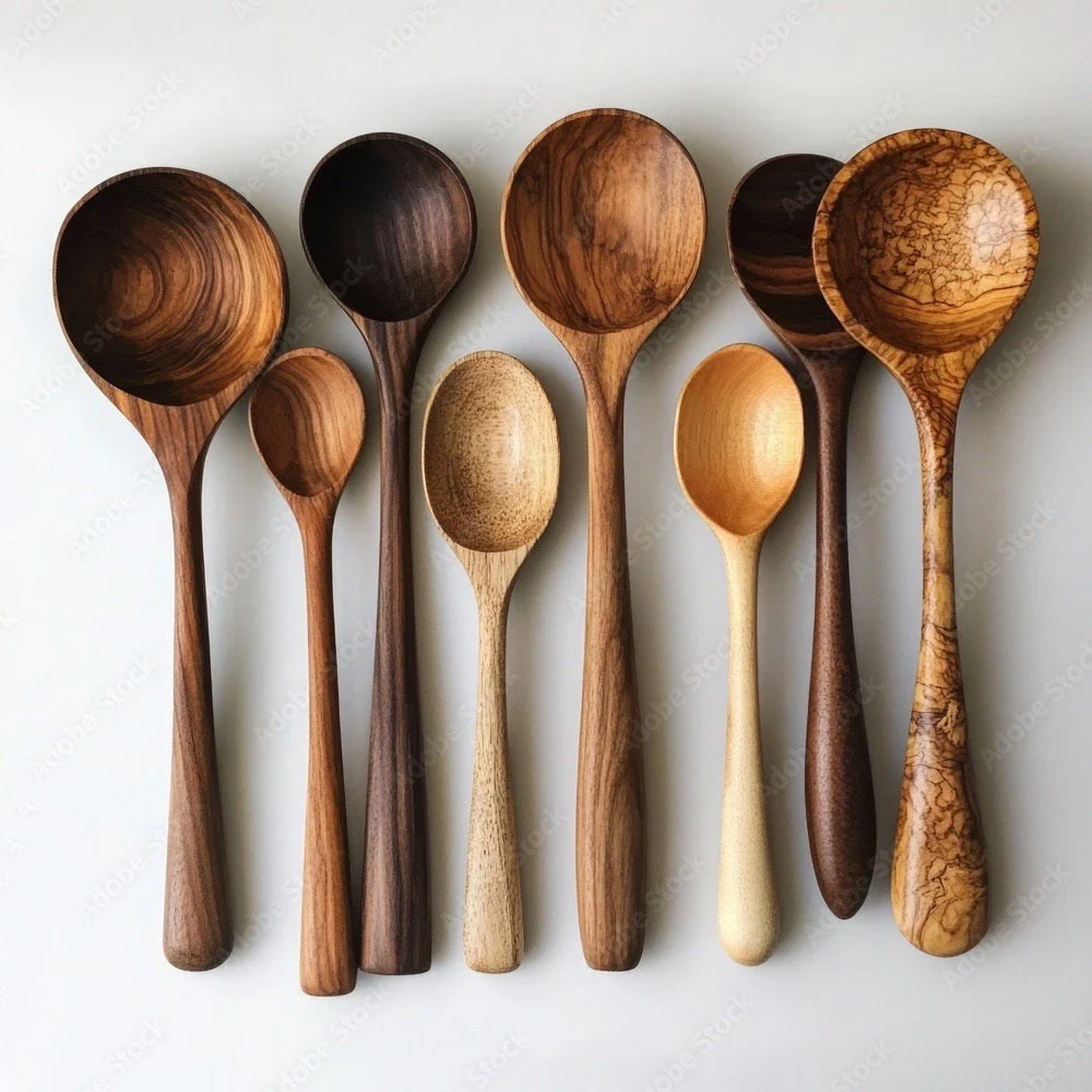 Seven wooden spoons of various sizes and wood types arranged on a white background.