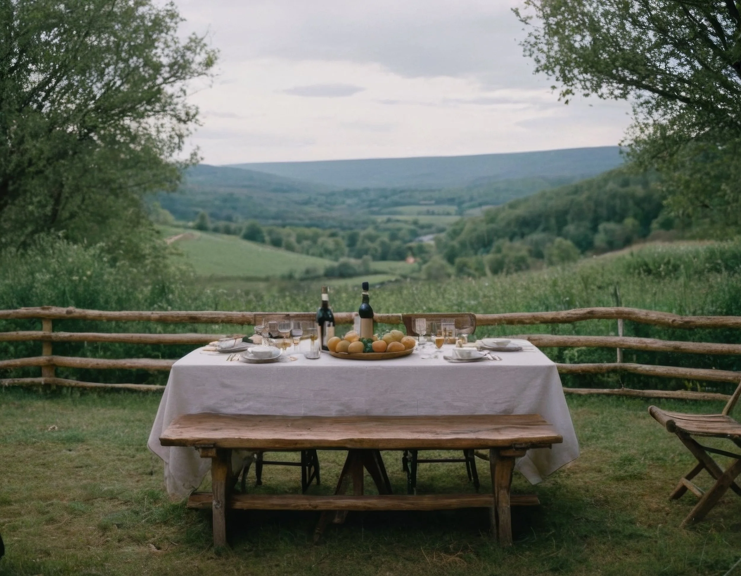 Outdoor picnic table with white tablecloth, surrounded by wooden chairs, set with drinks and food, overlooking a green landscape with trees and hills under a cloudy sky.