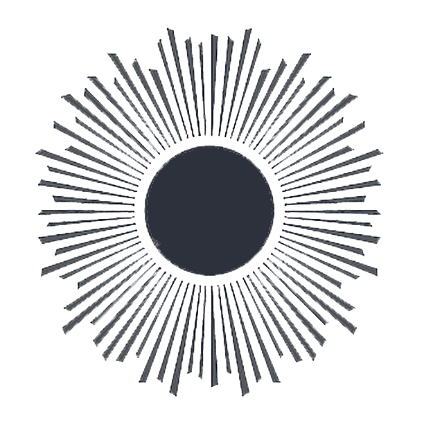 A dark circle at the center with radiating silver lines forming a sunburst pattern